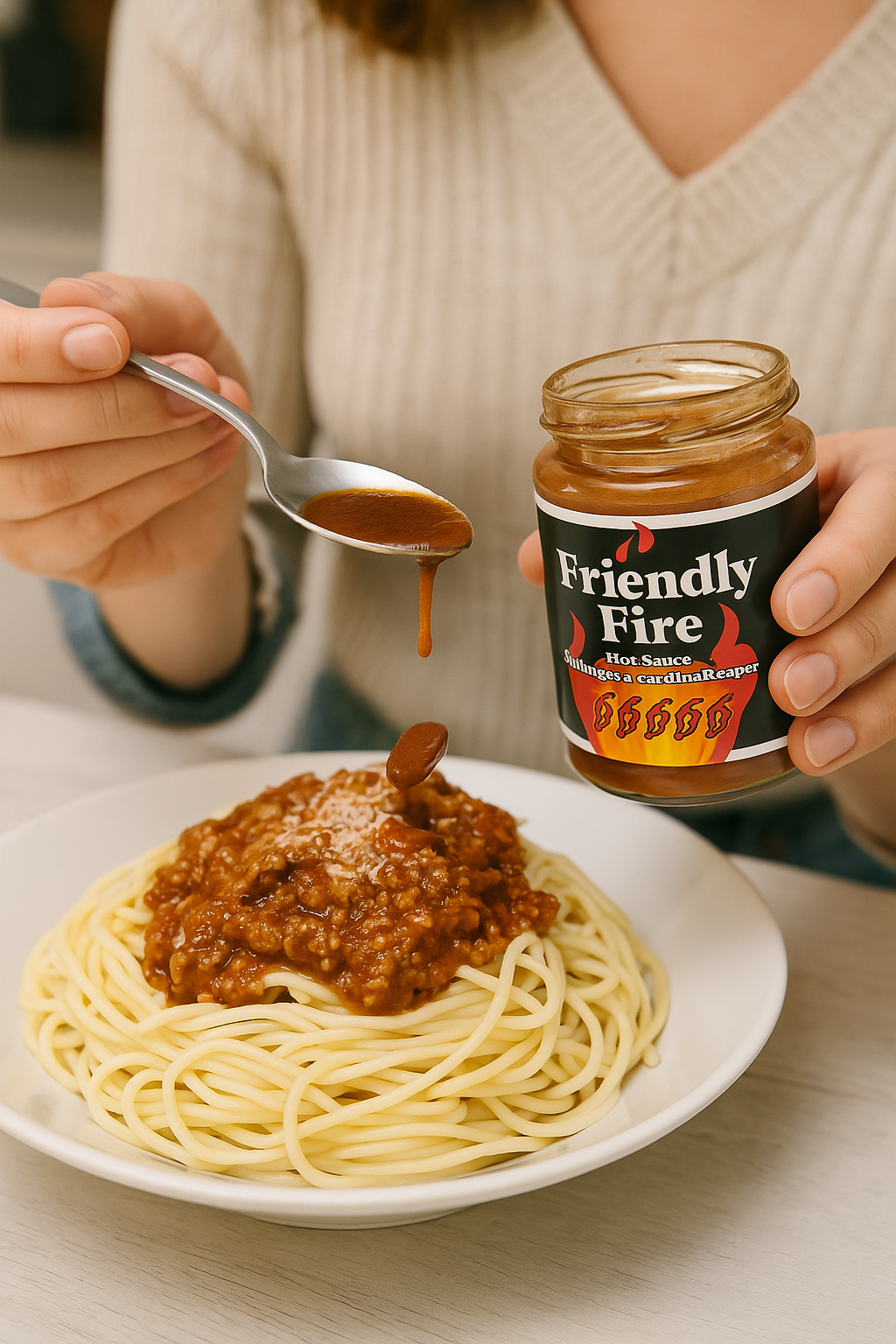 Adding some Friendly Fire hot sauce to pasta sauce